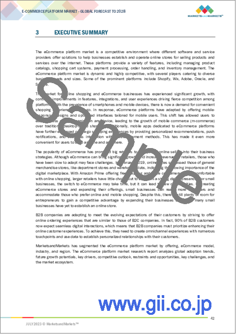 サンプル1：Eコマースプラットフォームの世界市場 (～2028年)：Eコマースモデル (B2B・B2C)・提供区分 (ソリューション・サービス)・産業 (美容＆パーソナルケア・CE製品・室内装飾・ファッション＆アパレル・食品&飲料)・地域別