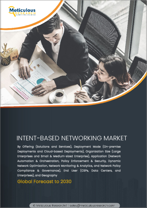表紙：インテントベースネットワーキング市場：提供サービス別、導入形態別、組織規模別、用途別（ネットワーク自動化＆オーケストレーション、ポリシー実施＆セキュリティ、ネットワーク監視＆分析）、エンドユーザー別、地域別-2030年までの世界予測