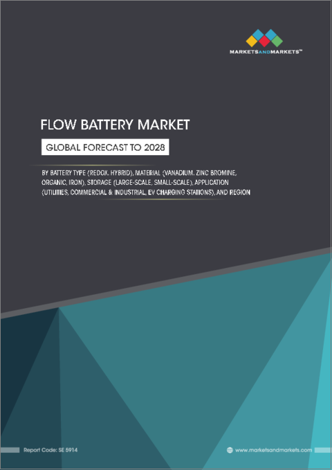 表紙：フロー電池の世界市場 (～2028年)：電池タイプ (レドックス・ハイブリッド)・材料 (バナジウム・臭素亜鉛・有機物・鉄)・ストレージ (大規模・小規模)・用途 (ユーティリティ・商業&産業・EV充電ステーション)・地域別
