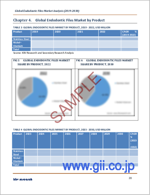 サンプル2：歯内治療用ファイルの世界市場規模、シェア、産業動向分析レポート：製品別（ステンレススチール、ニッケルチタン）、タイプ別、エンドユーザー別（歯科医院、病院）、地域別展望および予測、2023年～2030年