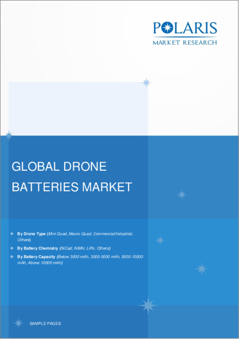 表紙：ドローン用バッテリー市場、シェア、規模、動向、産業分析レポート：ドローンタイプ別；バッテリー化学物質別；バッテリー容量別；地域別；セグメント別予測、2023年～2032年