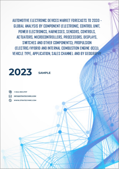 表紙：自動車用電子機器市場の2030年までの予測：コンポーネント別、推進別、車種別、用途別、販売チャネル別、地域別の世界分析