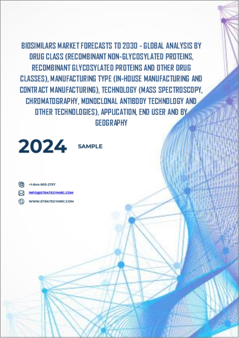 表紙：バイオシミラー市場の2030年までの予測- 薬剤クラス別、製造タイプ別、技術別、用途別、エンドユーザー別、地域別の世界分析