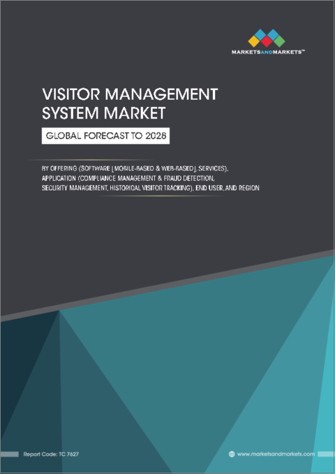 表紙：来訪者管理システムの世界市場：オファリング別（ソフトウェア、サービス）、用途別（コンプライアンス管理・不正検知、セキュリティ管理、過去の来訪者追跡）、エンドユーザー別、地域別-2028年までの予測