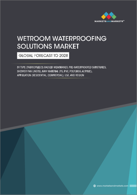 表紙：ウェットルーム用防水ソリューションの世界市場 (～2028年)：タイプ (ファブリック/フリースバックシート膜・防水処理済み基板・シャワーパンライナー)・原材料 (ポリウレタン・PVC・ポリウレア・アクリル・ABS・ポリスチレン)・適用先・地域別