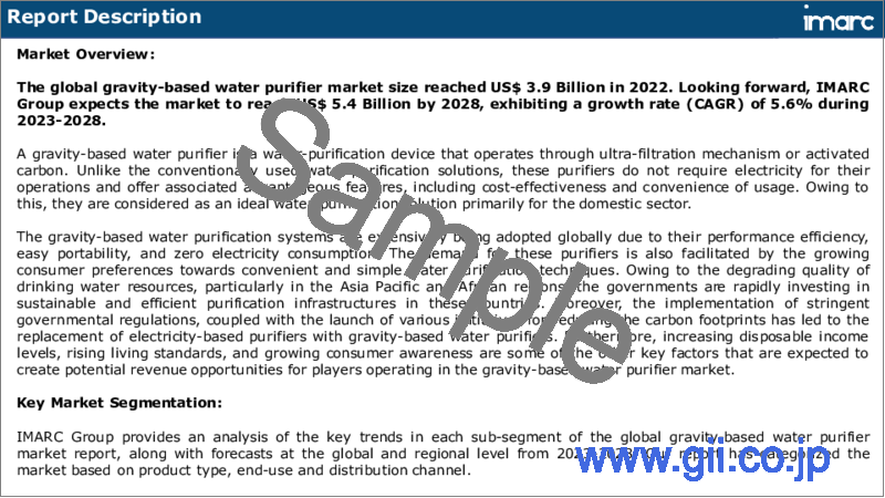 サンプル1：重力式浄水器市場：世界の産業動向、シェア、市場規模、成長、機会、2023-2028年予測