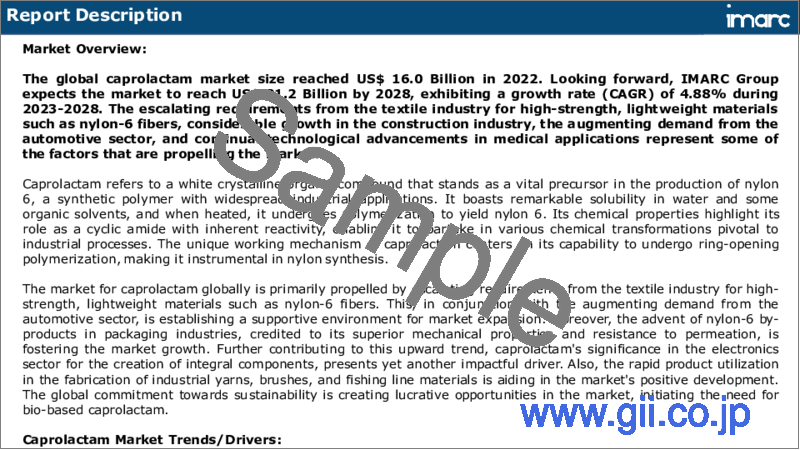 サンプル1：カプロラクタム市場：世界の産業動向、シェア、規模、成長、機会、2023-2028年予測