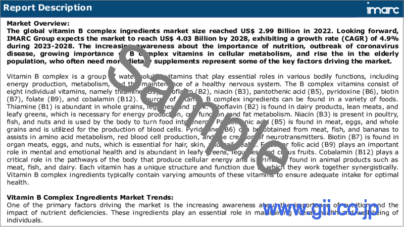 サンプル1：ビタミンB複合体原料の市場レポート：タイプ別、用途別、地域別、2023-2028年