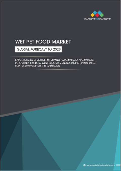 表紙：ウェットペットフードの世界市場：ペット別、由来別、流通チャネル別、地域別-2028年までの予測