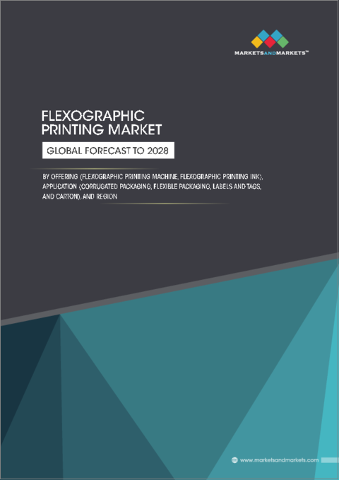 表紙：フレキソ印刷の世界市場：オファリング別、タイプ別、方法別、用途別、自動化タイプ別、地域別-2028年までの予測