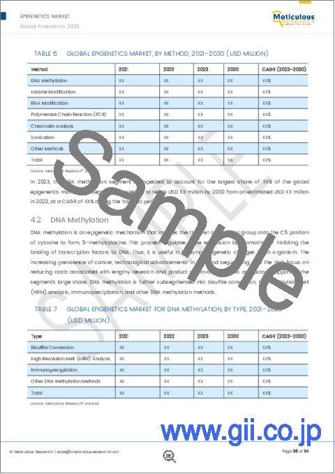 サンプル2：エピジェネティクス市場：製品別（キット、試薬、機器、ソフトウェア）、手法別（DNAメチル化、PCR、クロマチン分析、ヒストン、RNA修飾）、用途別（腫瘍学、非腫瘍学）、エンドユーザー別（製薬、学術、病院）-2030年までの世界予測