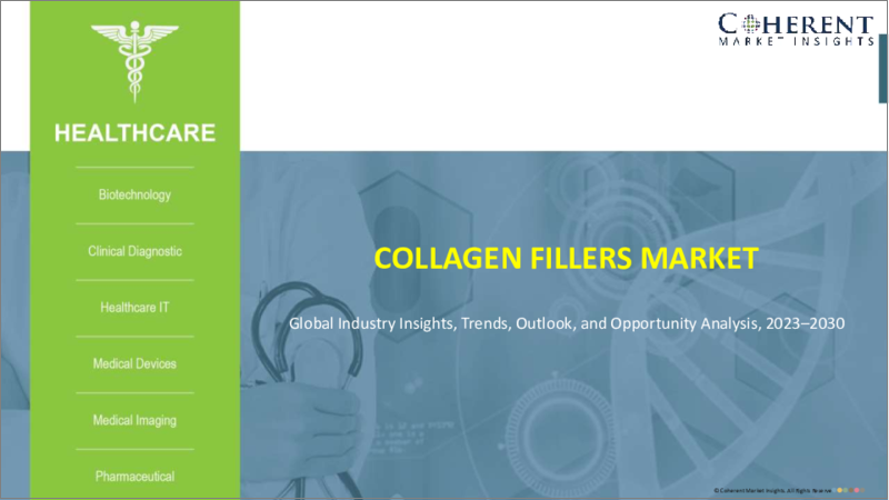 表紙：コラーゲン充填剤市場：製品タイプ別、原料別、用途別、エンドユーザー別、地域別：規模、シェア、展望、機会分析、2023年～2030年