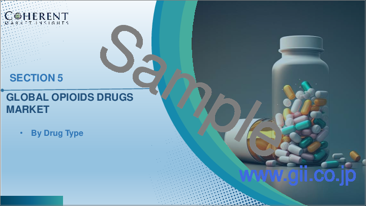 サンプル1：オピオイド薬市場：薬剤タイプ別、用途別、投与経路別、流通チャネル別、地域別