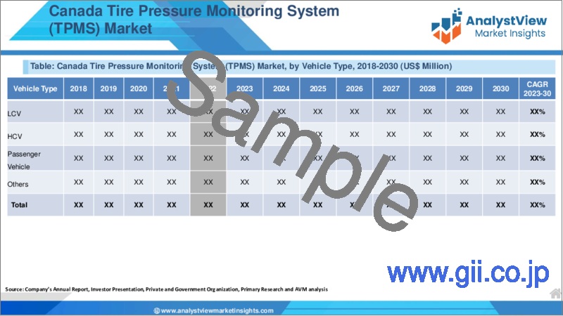 サンプル1：タイヤ空気圧監視システム（TPMS）市場：自動車タイプ別、技術別、流通別、国別、地域別- 産業分析、市場規模、市場シェア、2023-2030年予測