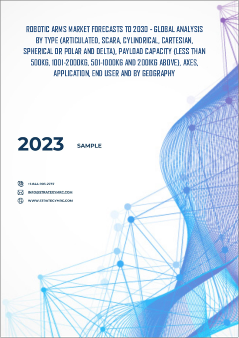 表紙：ロボットアーム市場の2030年までの予測：タイプ別、可搬容量別、軸別、用途別、エンドユーザー別、地域別の世界分析