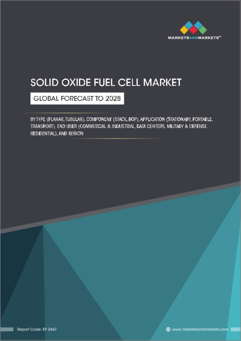 表紙：固体酸化物燃料電池の世界市場 (～2028年)：タイプ (平板型・円筒型)・コンポーネント (スタック・BOP)・用途 (定置型・可搬型・輸送用)・エンドユーザー (商業&産業・データセンター・軍事&防衛・住宅)・地域別