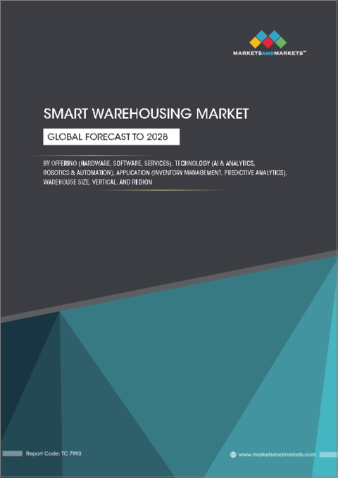 表紙：スマート倉庫の世界市場 (～2028年)：製品 (ハードウェア・ソフトウェア・サービス)・技術 (AI&アナリティクス・ロボット&自動化)・用途 (在庫管理・予測分析)・倉庫規模・産業・地域別