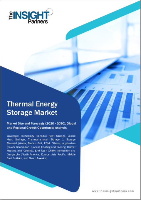 表紙：熱エネルギー貯蔵の市場規模および動向、世界および地域シェア、動向、成長機会分析レポート対象範囲：タイプ別、貯蔵材料別、用途別、エンドユーザー別