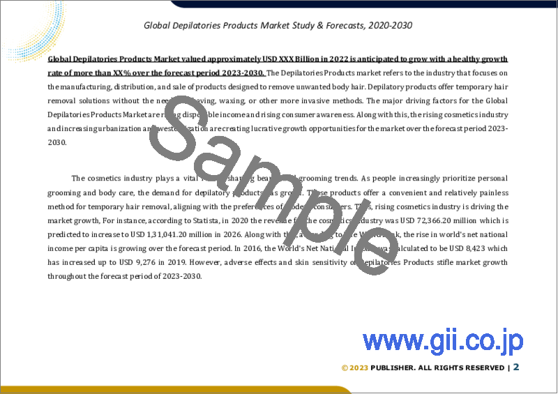 サンプル1：脱毛製品の世界市場調査＆予測、製品別、エンドユーザー別、地域別分析、2023～2030年