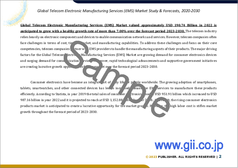 サンプル1：テレコム電子機器製造サービス（EMS）の世界市場規模調査＆予測、サービス別、地域別分析、2023-2030年