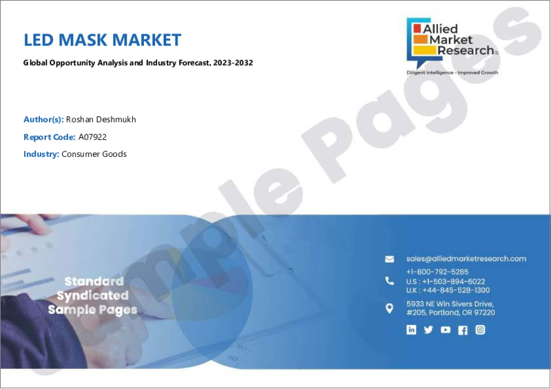 表紙：LEDマスク市場：タイプ別、用途別、エンドユーザー別、流通チャネル別：世界の機会分析と産業予測、2023-2032年