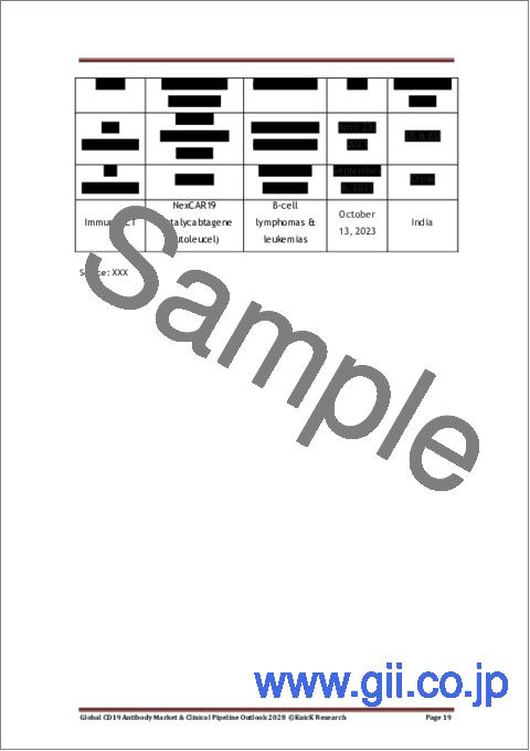サンプル1：CD19抗体の世界市場、臨床パイプラインの見通し（2028年）