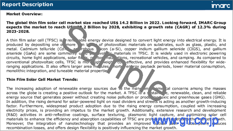 サンプル1：薄膜太陽電池市場：世界の産業動向、シェア、市場規模、成長、機会、2023-2028年予測