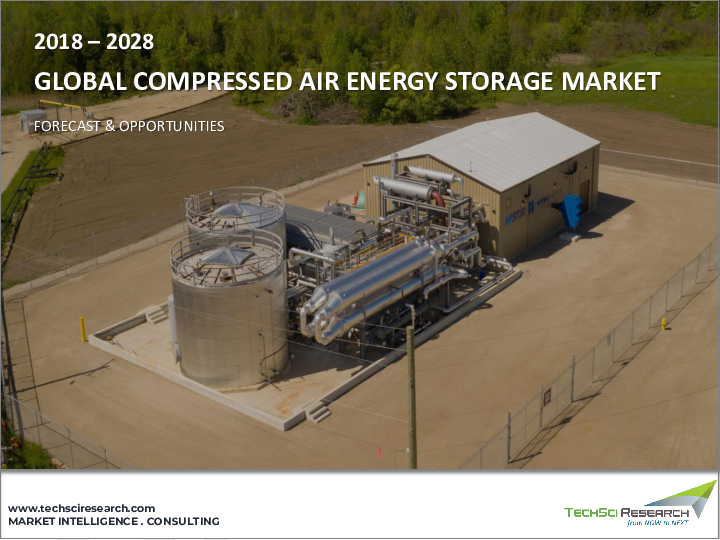 表紙：圧縮空気エネルギー貯蔵市場- 世界の産業規模、シェア、動向、機会、予測、2018年～2028年、方法別、貯蔵別、用途別、最終用途産業別、地域別、競合