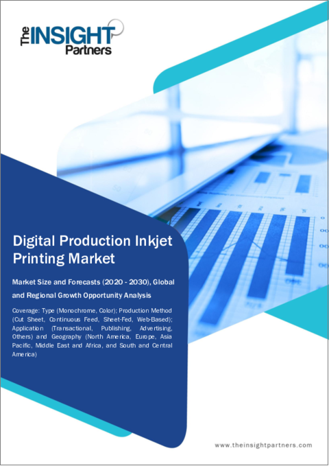 表紙：デジタルプロダクションインクジェット印刷市場規模・予測、世界・地域別シェア、動向、成長機会分析レポート対象範囲：製品タイプ別、生産方式別、用途別