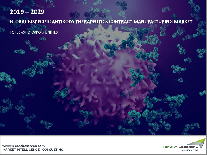 表紙：二重特異性抗体治療薬受託製造市場：世界の産業規模、動向、機会、予測、2018～2028年、適応症別、投与経路別、最終用途別、地域別、競合