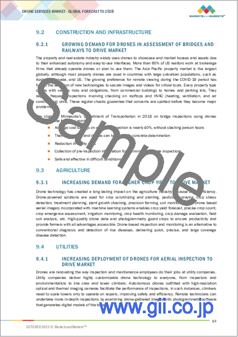 サンプル2：ドローンサービスの世界市場：タイプ別（プラットフォームサービス、MRO、トレーニング・シミュレーション）、用途別、業界別、ソリューション別（エンドツーエンド、ポイント）、地域別-2028年までの予測