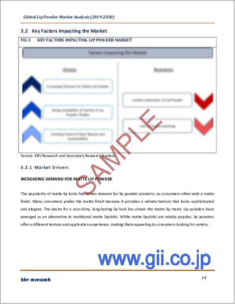 サンプル1：リップパウダーの世界市場規模、シェア、産業動向分析レポート：タイプ別、エンドユーザー別、流通チャネル別、地域別展望と予測、2023年～2030年