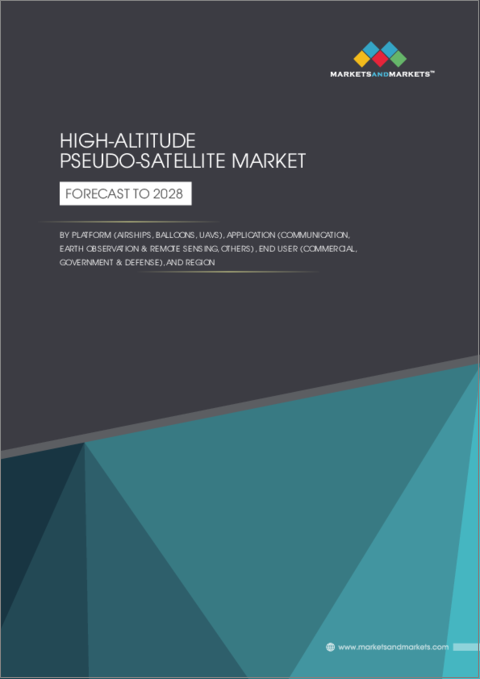 表紙：高高度疑似衛星の世界市場：プラットフォーム別、用途別、エンドユーザー別、地域別-2028年までの予測