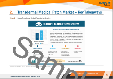 サンプル1：医療用経皮吸収パッチ市場の欧州市場予測-地域別分析：タイプ、用途、流通チャネル別