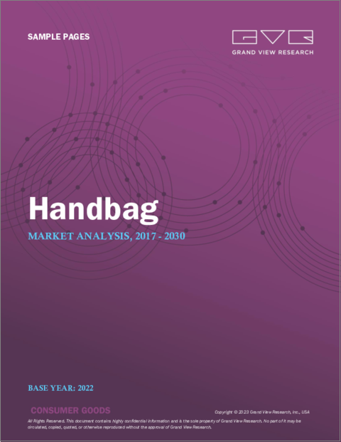 表紙：ハンドバッグの市場規模、シェア、動向分析レポート：原材料別、製品別、流通チャネル別、地域別、セグメント予測、2023年～2030年