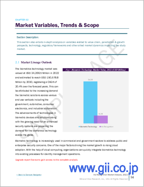 サンプル1：虹彩認証の市場規模、シェア、動向分析レポート：コンポーネント別、用途別、最終用途別、地域別、セグメント予測、2023～2030年