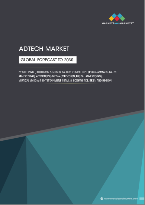 表紙：AdTech（アドテック）の世界市場：オファリング別、広告タイプ別、広告媒体別、業界別、地域別-2030年までの予測