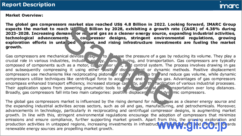 サンプル1：ガスコンプレッサーの市場レポート：コンプレッサータイプ、最終用途産業、地域別、2023-2028年