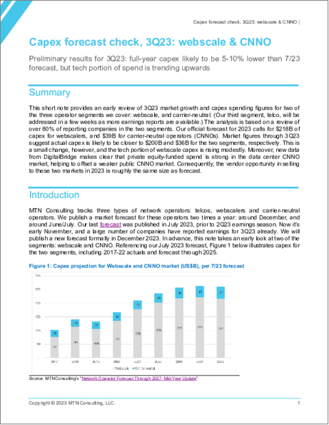 表紙：ウェブスケーラーおよびCNNO (キャリアニュートラル事業者) のCAPEX予測：2023年第3四半期の速報値 - 通期のCAPEXは7/23の予測より5～10％減少の見込みだが技術部門は増加傾向