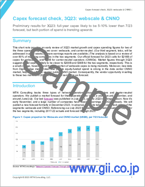 サンプル2：ウェブスケーラーおよびCNNO (キャリアニュートラル事業者) のCAPEX予測：2023年第3四半期の速報値 - 通期のCAPEXは7/23の予測より5～10％減少の見込みだが技術部門は増加傾向
