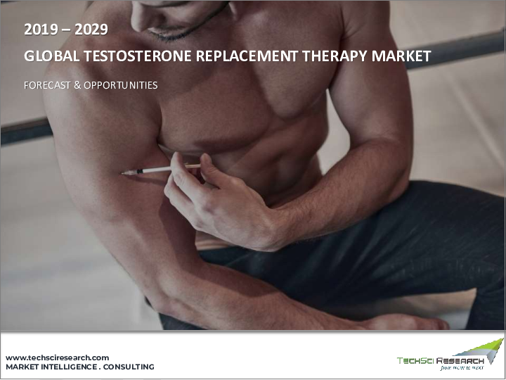 表紙：テストステロン補充療法市場 - 世界の産業規模、シェア、動向、機会、予測、2018年～2028年、適応症別、製品タイプ別、薬効別、流通経路別、地域別、競合