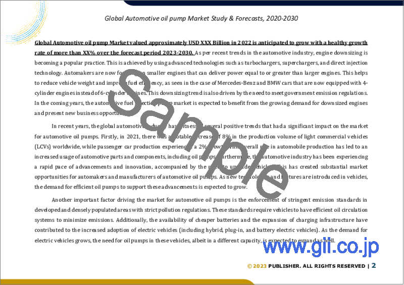 サンプル1：自動車用オイルポンプの世界市場規模調査・予測：用途別、車両タイプ別、地域別分析、2023-2030年