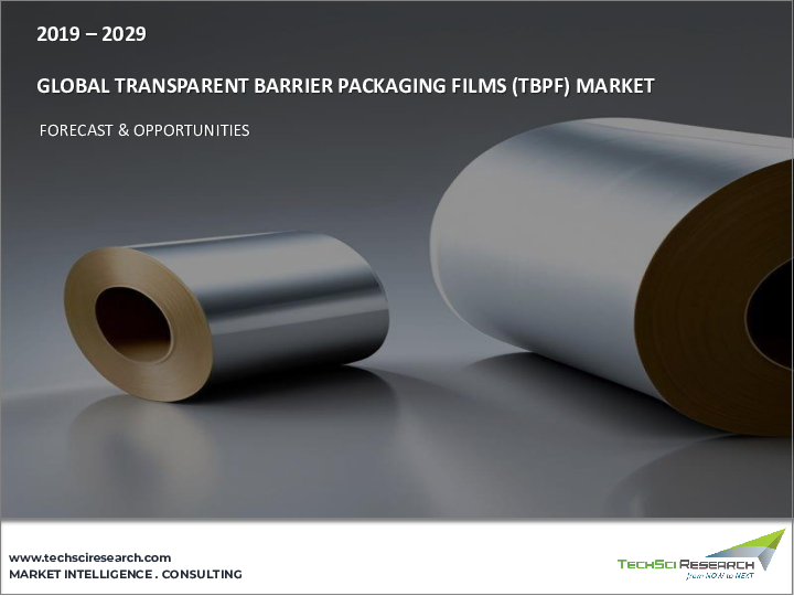 表紙：透明バリア包装フィルム（TBPF）市場- 世界の産業規模、動向、機会、および予測、2018-2028年、タイプ別、エンドユーザー別、地域別