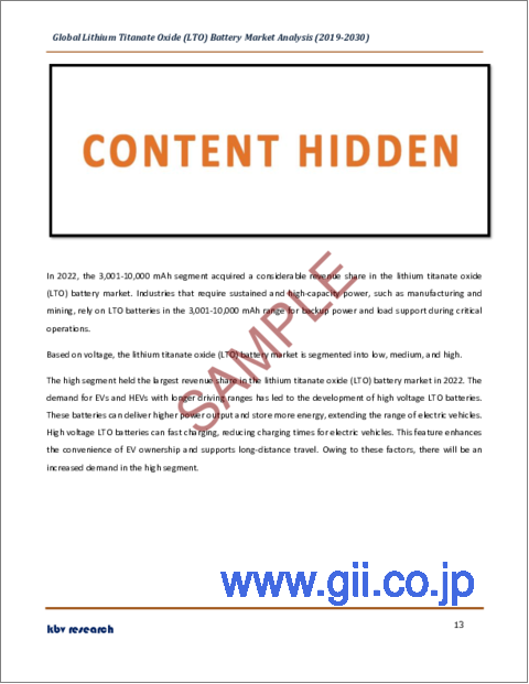 サンプル1：チタン酸リチウム酸化物（LTO）電池の世界市場規模、シェア、産業動向分析レポート：容量別、用途別、電圧別、地域別展望と予測、2023年～2030年