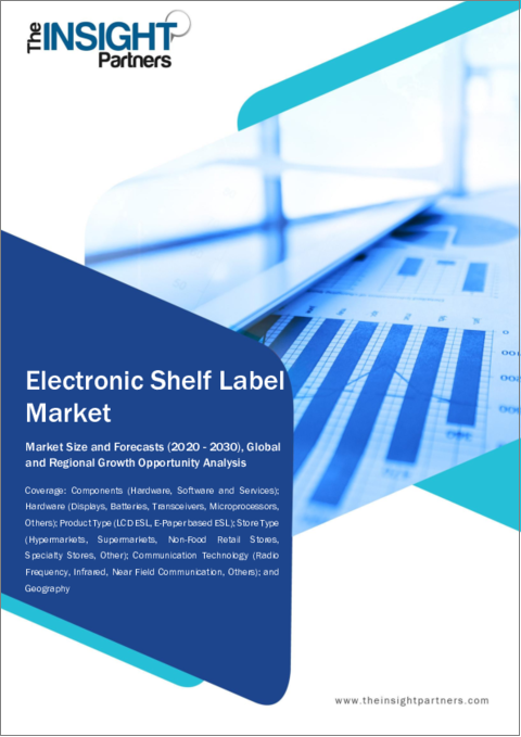 表紙：電子棚札（ESL）の市場規模・予測、世界・地域のシェア、動向、成長機会分析：コンポーネント別、製品タイプ別、店舗タイプ別、技術別