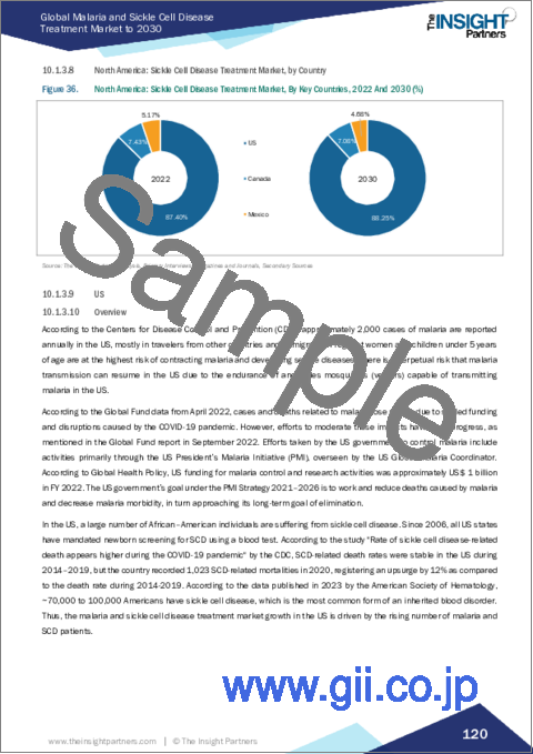サンプル2：マラリア・鎌状赤血球症治療薬の世界市場：規模・予測、世界・地域別シェア、動向、成長機会分析、調査範囲：治療薬別、投与経路別、流通チャネル別