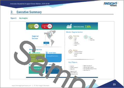 サンプル1：南北アメリカの手術用使い捨て手袋市場：市場規模と予測、地域別シェア、動向、成長機会、分析範囲：製品種類別、形状別、エンドユーザー別