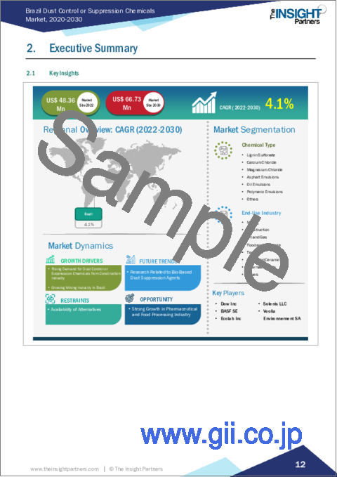 サンプル1：塵埃制御・抑制化学品のブラジル市場規模予測、化学品タイプ別・最終用途産業別の世界市場・地域シェア、動向、成長機会分析