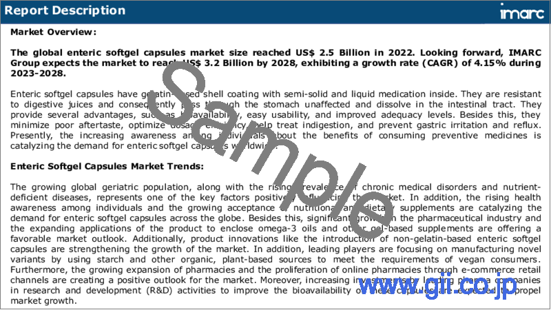 サンプル1：腸溶性ソフトジェルカプセルの市場レポート：タイプ、用途、流通チャネル、地域別、2023-2028年