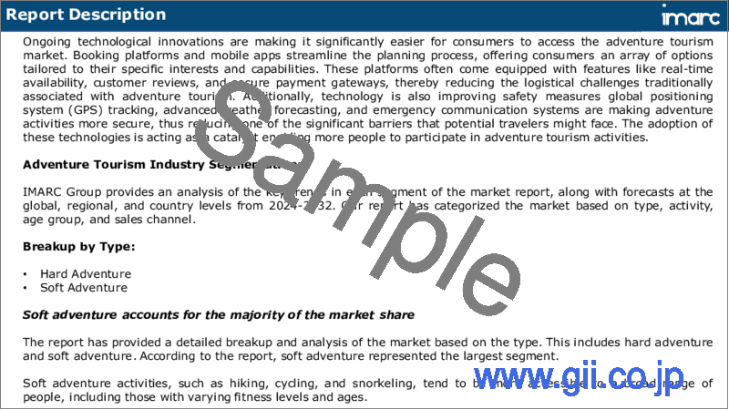 サンプル1：アドベンチャーツーリズム市場レポート：タイプ別、アクティビティ別、年齢層別、販売チャネル別、地域別、2023年～2028年